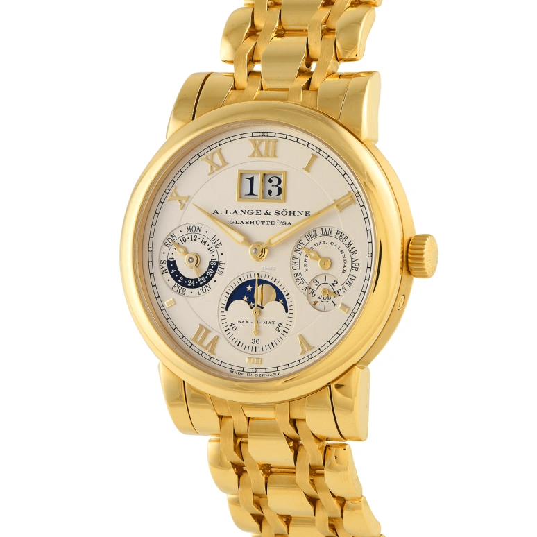 A. Lange & Söhne,Saxonia 38.50mm,38.50mm,Yellow Gold,Champagne,Automatic,Moonphase,Perpetual Calendar,Leap Year,Month,46hours,In-house Caliber,310,310.221