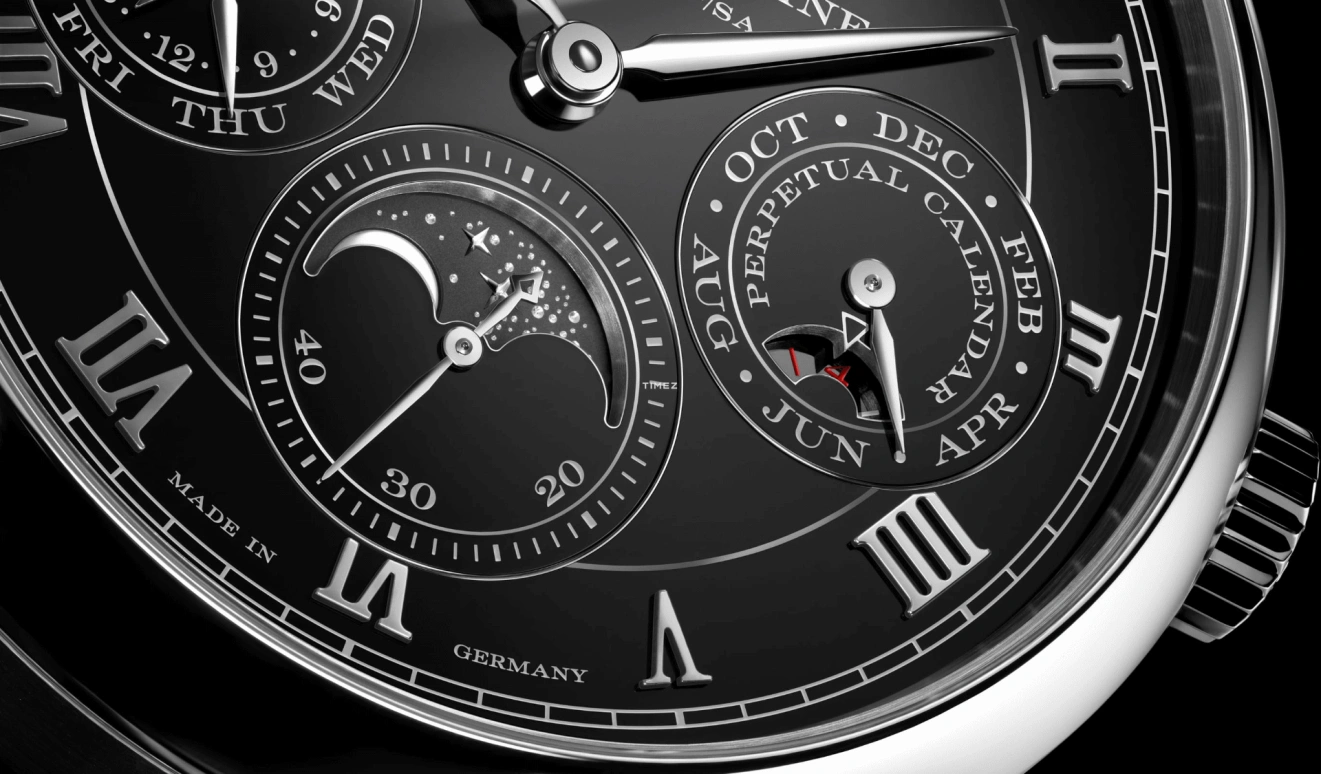 A. Lange & Söhne,Saxonia 40.50mm,40.50mm,Platinum,Black,Handwound,Moonphase,Perpetual Calendar,Leap Year,Month,72hours,In-house Caliber,607,607.091FE