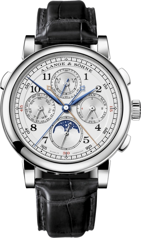 A. Lange & Söhne,1815 41.90mm,41.90mm,Platinum,Silver,Handwound,Chronograph,Moonphase,Perpetual Calendar,Leap Year,42hours,In-house Caliber,421,421.025