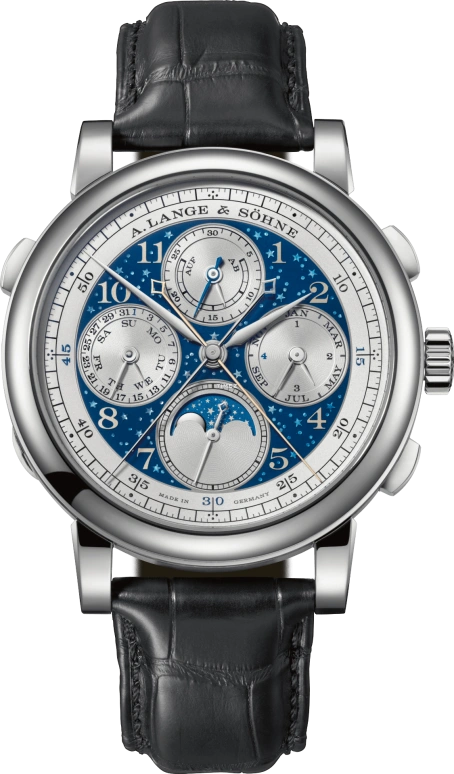 A. Lange & Söhne,1815 41.90mm,41.90mm,Platinum,Blue,Handwound,Chronograph,Moonphase,Perpetual Calendar,Leap Year,42hours,In-house Caliber,421,421.048FE