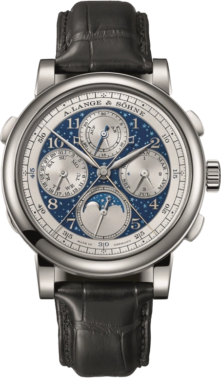 A. Lange & Söhne,1815 41.90mm,41.90mm,Platinum,Blue,Handwound,Chronograph,Moonphase,Perpetual Calendar,Leap Year,42hours,In-house Caliber,421,421.048FE