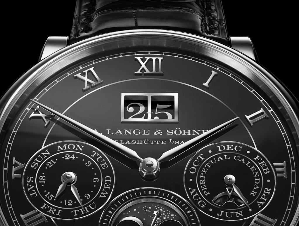 A. Lange & Söhne,Saxonia 40.50mm,40.50mm,Platinum,Black,Handwound,Moonphase,Perpetual Calendar,Leap Year,Month,72hours,In-house Caliber,607,607.091FE