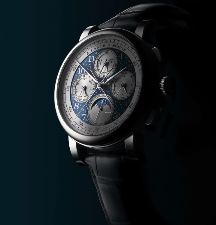 A. Lange & Söhne,1815 41.90mm,41.90mm,Platinum,Blue,Handwound,Chronograph,Moonphase,Perpetual Calendar,Leap Year,42hours,In-house Caliber,421,421.048FE