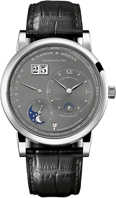 A. Lange & Söhne,Lange 1 41.90mm,41.90mm,White Gold,Grey,Automatic,Moonphase,Perpetual Calendar,Leap Year,Month,50hours,In-house Caliber,720,720.038