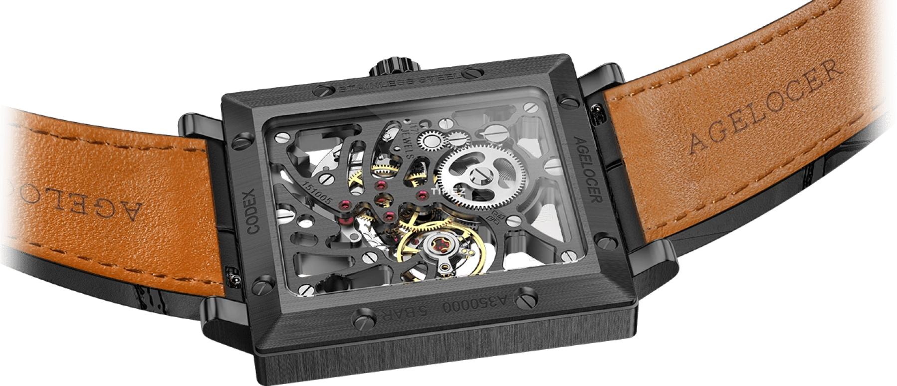 Agelocer,Codex 37mm,37mm,Stainless Steel,Skeleton,Handwound,Sapphire,Crystal Glass,Square,3501J1