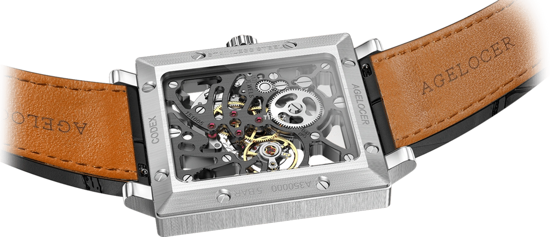 Agelocer,Codex 37mm,37mm,Stainless Steel,Skeleton,Handwound,Sapphire,Crystal Glass,Square,3501A1