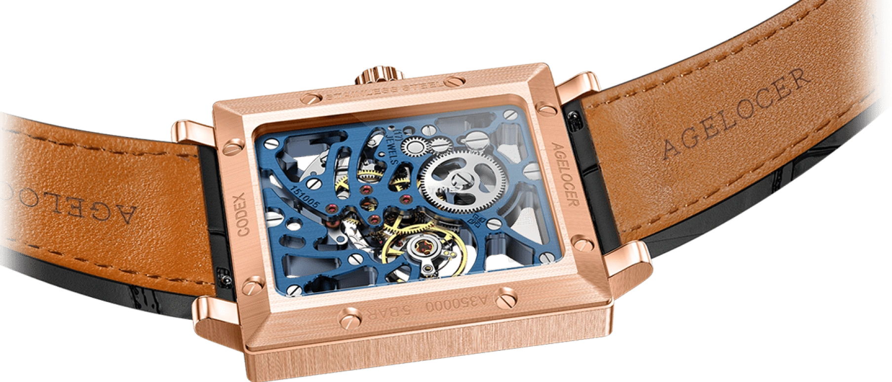 Agelocer,Codex 37mm,37mm,Stainless Steel,Skeleton,Handwound,Sapphire,Crystal Glass,Square,3504D2