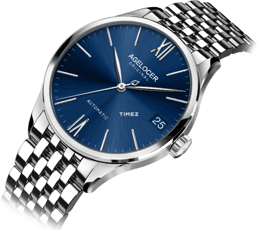 Agelocer,Budapest 40mm,40mm,Stainless Steel,Blue,Automatic,Day,Sapphire,Crystal Glass,7074A9