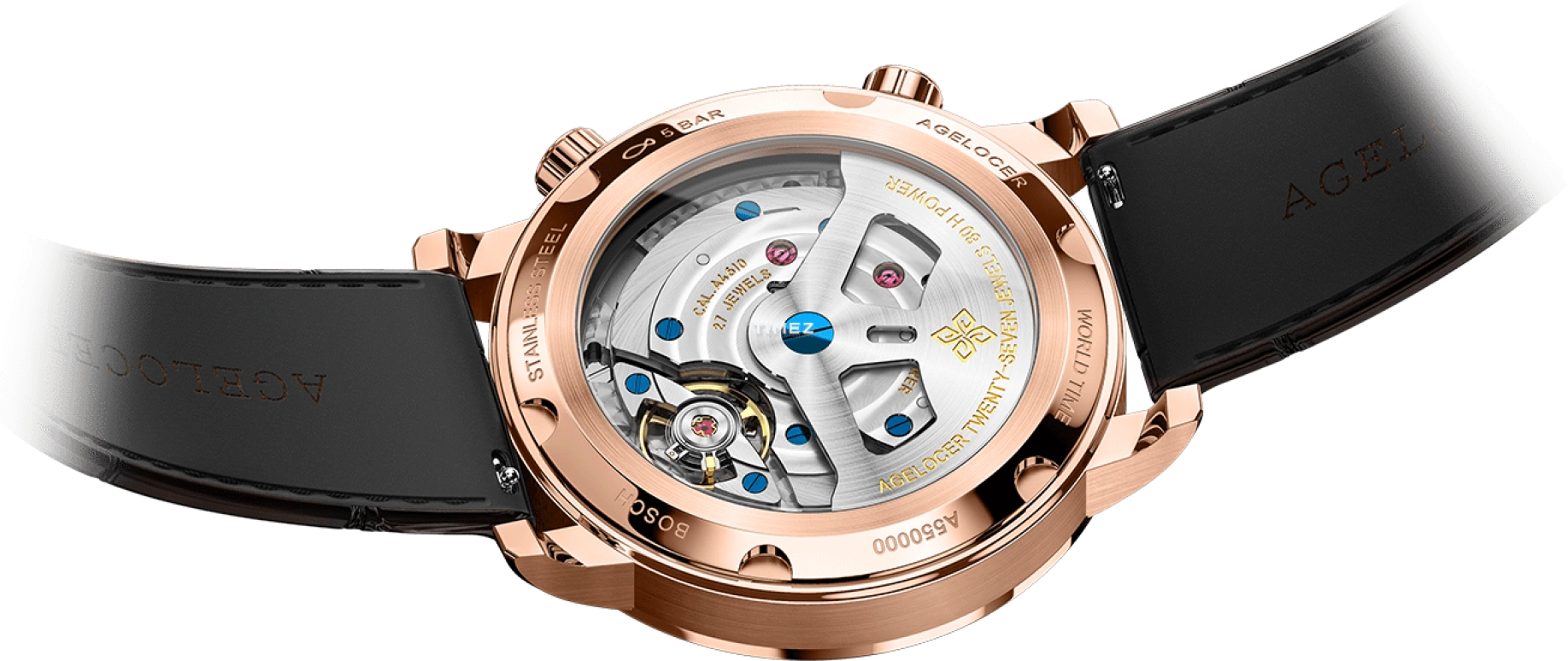Agelocer,Universal time 42mm,42mm,Stainless Steel,Crystal,White,Automatic,Day,Sapphire,Crystal Glass,5201F2