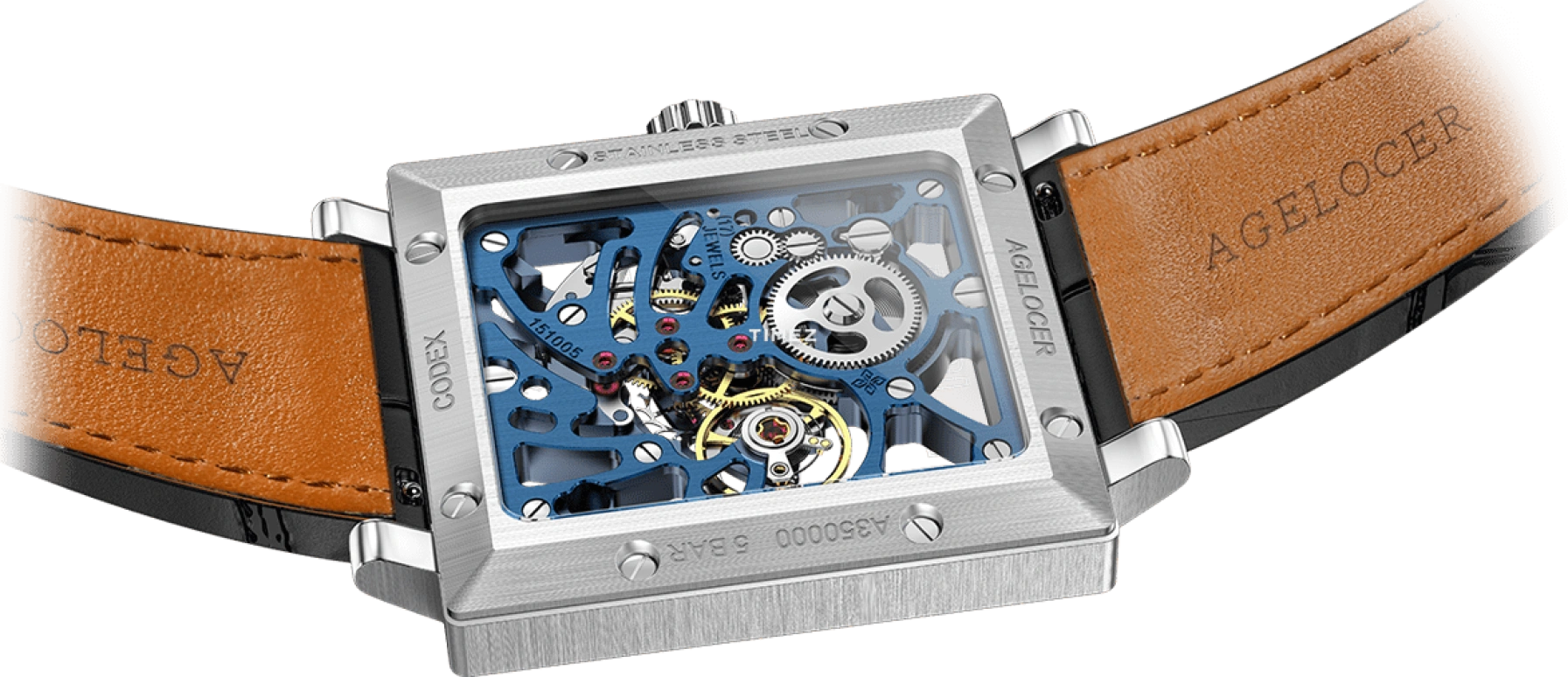 Agelocer,Codex 37mm,37mm,Stainless Steel,Skeleton,Handwound,Sapphire,Crystal Glass,Square,3504A1