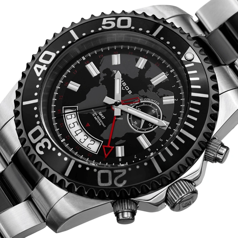 Akribos XXIV,Men’s Watches 44mm,44mm,Stainless Steel,Black,Grey,Quartz,Day,Dule Time,AK955TTB