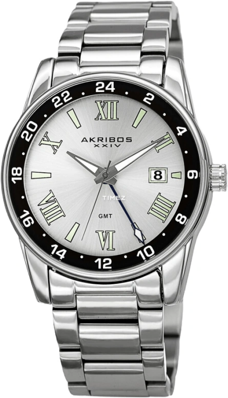 Akribos XXIV,Men’s Watches 41mm,41mm,Composite,Silver,Quartz,Day,Dule Time,GMT,AK1055SS