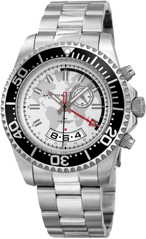 Akribos XXIV,Men’s Watches 44mm,44mm,Stainless Steel,White,Silver,Quartz,Day,Dule Time,GMT,AK955SS