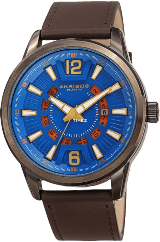 Akribos XXIV,Men’s Watches 45mm,45mm,Stainless Steel,Bronze,Blue,Skeleton,Quartz,Day,Hardlex,AK1079BUBR