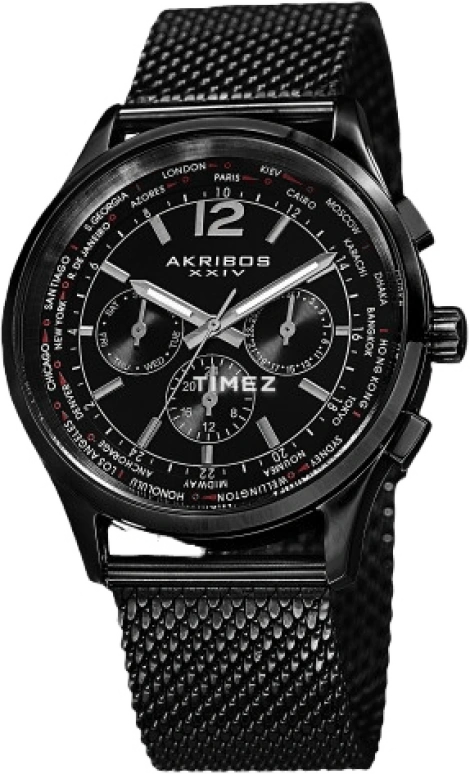 Akribos XXIV,Men’s Watches 42mm,42mm,Stainless Steel,Black,Quartz,Date,Day,World Time,AK716BK