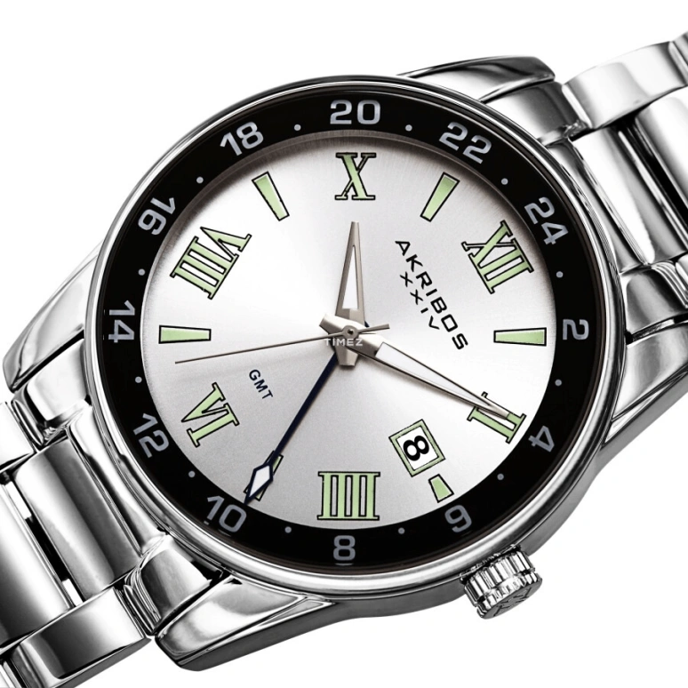 Akribos XXIV,Men’s Watches 41mm,41mm,Composite,Silver,Quartz,Day,Dule Time,GMT,AK1055SS