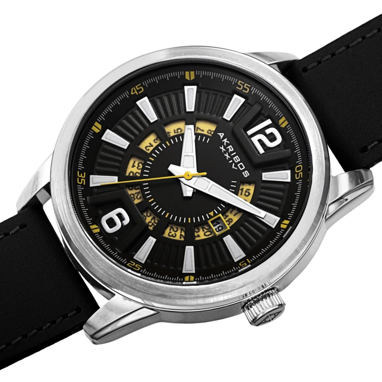 Akribos XXIV,Men’s Watches 45mm,45mm,Stainless Steel,Black,Skeleton,Quartz,Day,Hardlex,AK1079SSBK