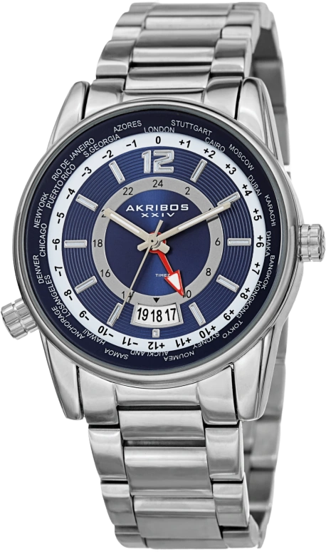 Akribos XXIV,Men’s Watches 41mm,41mm,Composite,Blue,Quartz,Day,Dule Time,GMT,World Time,Hardlex,Round,AK1021SSBU