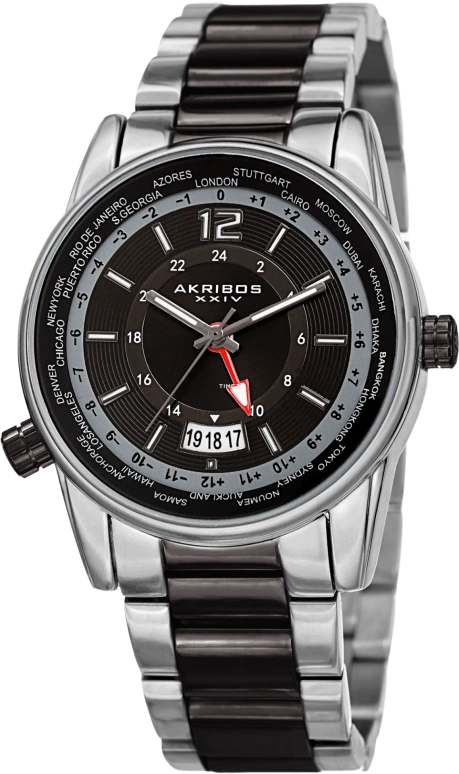 Akribos XXIV,Men’s Watches 41mm,41mm,Composite,Black,Quartz,Day,Dule Time,GMT,World Time,Hardlex,Round,AK1021TTB