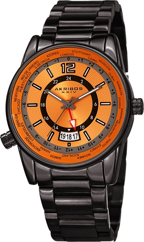 Akribos XXIV,Men’s Watches 41mm,41mm,Composite,Orange Red,Quartz,Day,Dule Time,GMT,World Time,Hardlex,Round,AK1021GNOR