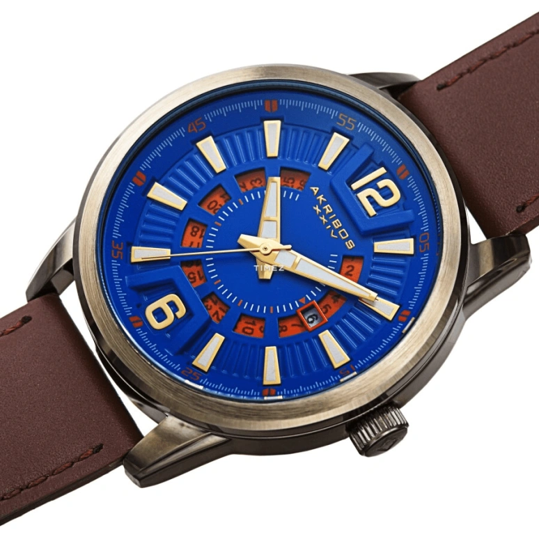 Akribos XXIV,Men’s Watches 45mm,45mm,Stainless Steel,Bronze,Blue,Skeleton,Quartz,Day,Hardlex,AK1079BUBR
