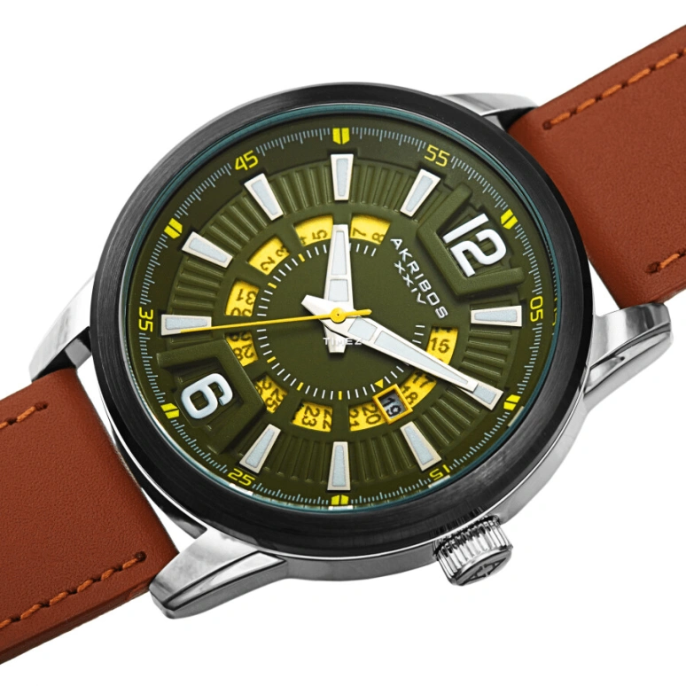 Akribos XXIV,Men’s Watches 45mm,45mm,Stainless Steel,Green,Skeleton,Quartz,Day,Hardlex,AK1079GNBR