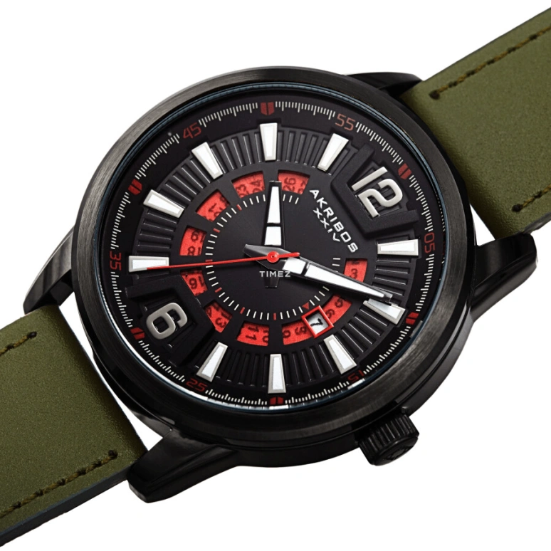 Akribos XXIV,Men’s Watches 45mm,45mm,Stainless Steel,Black,Skeleton,Quartz,Day,Hardlex,AK1079BKGN
