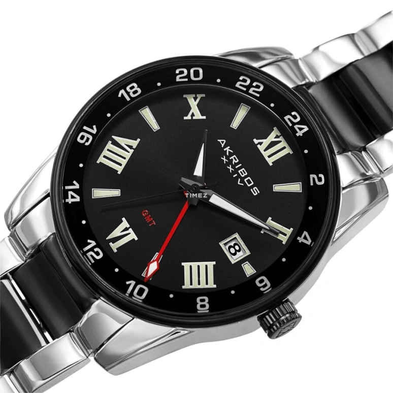 Akribos XXIV,Men’s Watches 41mm,41mm,Composite,Black,Quartz,Day,Dule Time,GMT,AK1055TTB