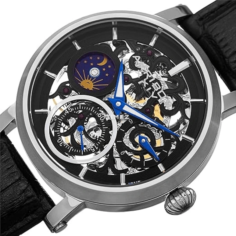 Akribos XXIV,Men’s Watches 47mm,47mm,Stainless Steel,Black,Skeleton,Handwound,Chronograph,Moonphase,AK745
