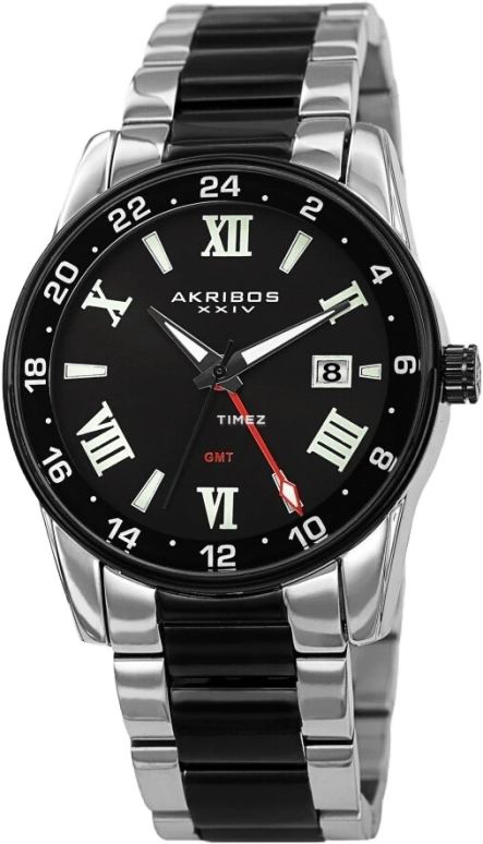 Akribos XXIV,Men’s Watches 41mm,41mm,Composite,Black,Quartz,Day,Dule Time,GMT,AK1055TTB