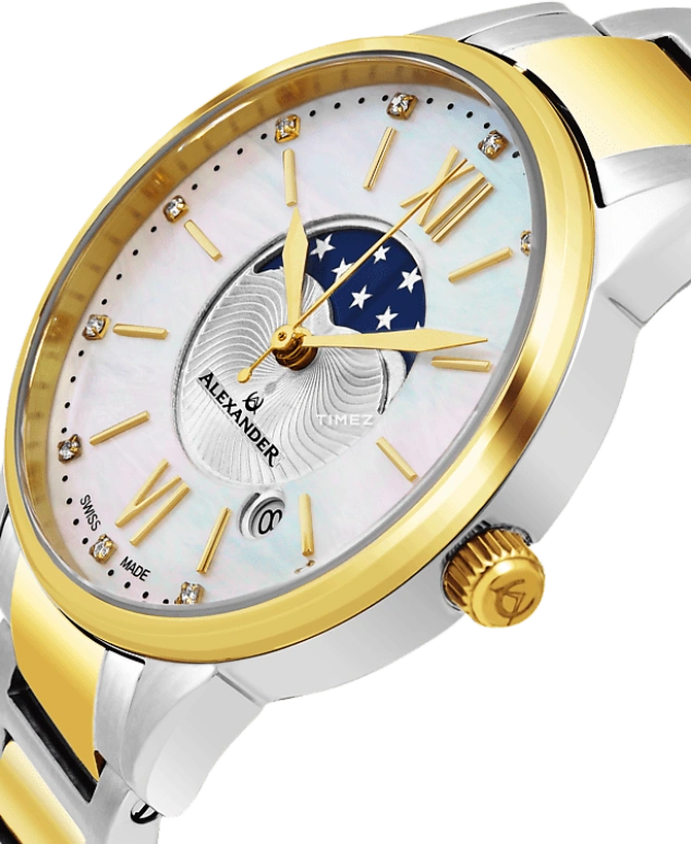 Alexander,WOMEN'S WATCHES 35mm,35mm,Stainless Steel,Silver,Quartz,Moonphase,Day,AD204B,AD204B-04