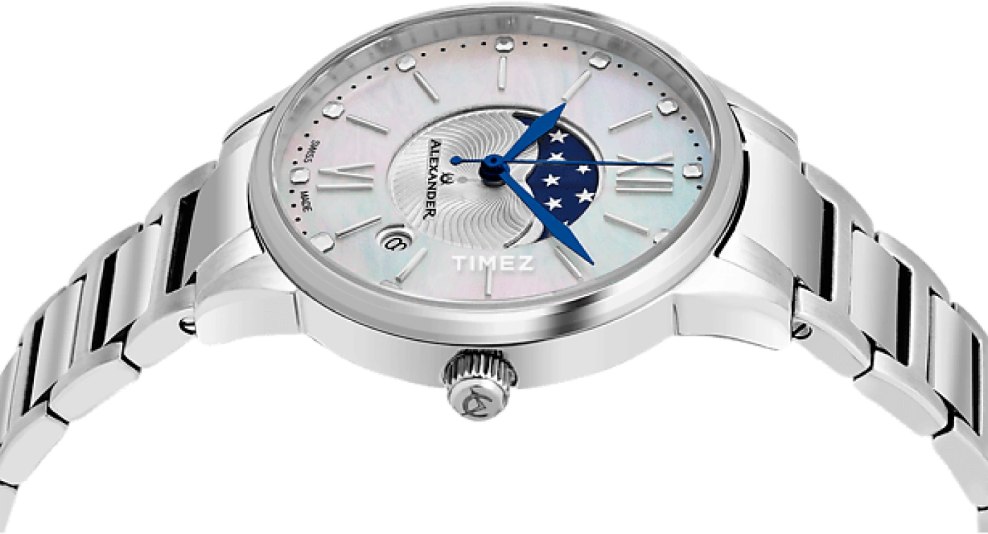 Alexander,WOMEN'S WATCHES 35mm,35mm,Stainless Steel,Silver,Quartz,Moonphase,Day,A204B,A204B-01