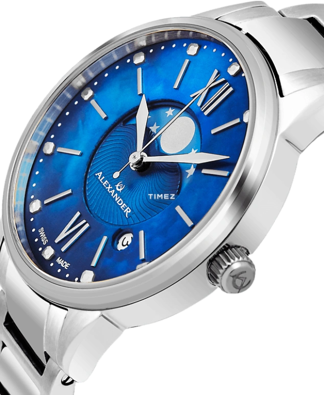 Alexander,WOMEN'S WATCHES 35mm,35mm,Stainless Steel,Blue,Quartz,Moonphase,Day,A204B,A204B-02