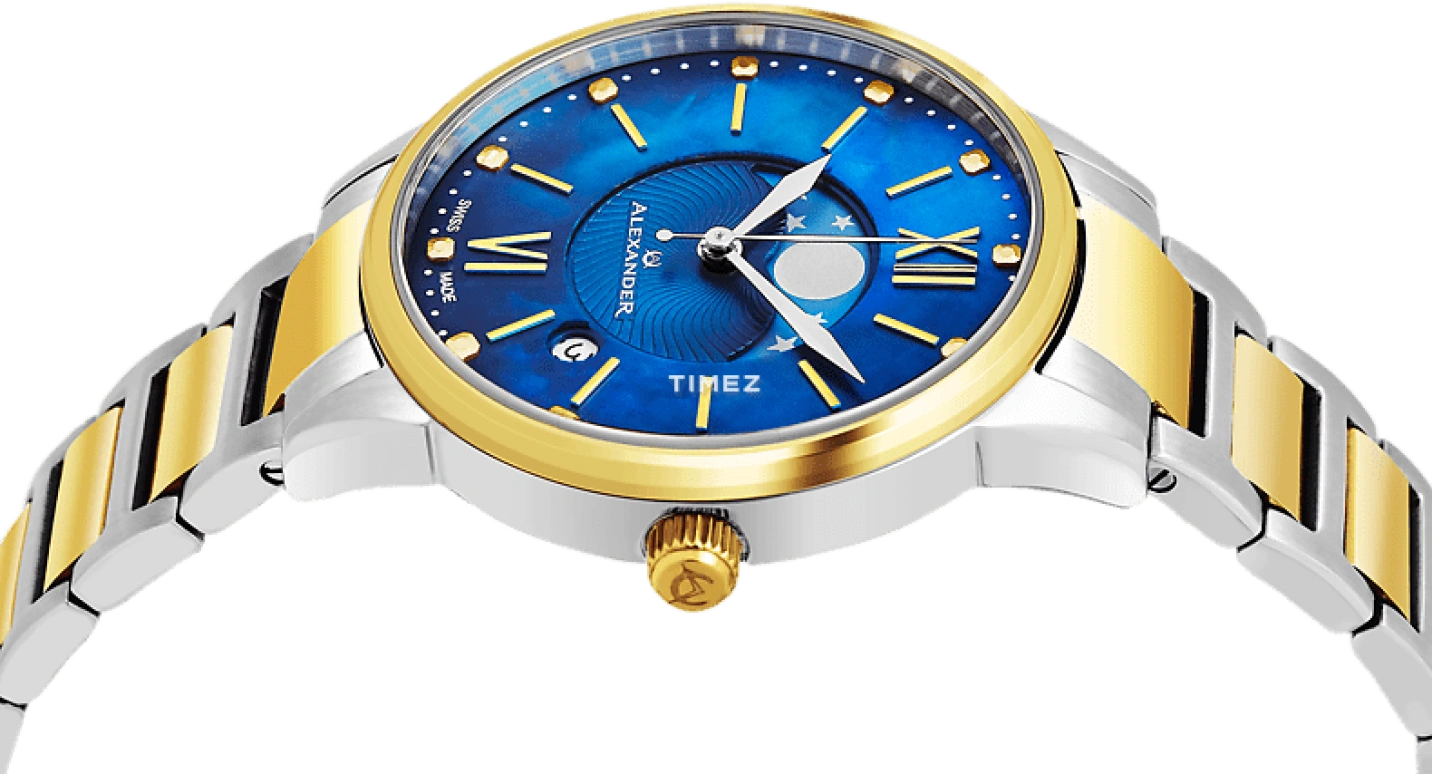 Alexander,WOMEN'S WATCHES 35mm,35mm,Stainless Steel,Blue,Quartz,Moonphase,Day,A204B,A204B-03