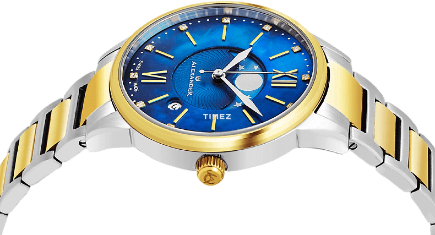 Alexander,WOMEN'S WATCHES 35mm,35mm,Stainless Steel,Blue,Quartz,Moonphase,Day,AD204B,AD204B-03