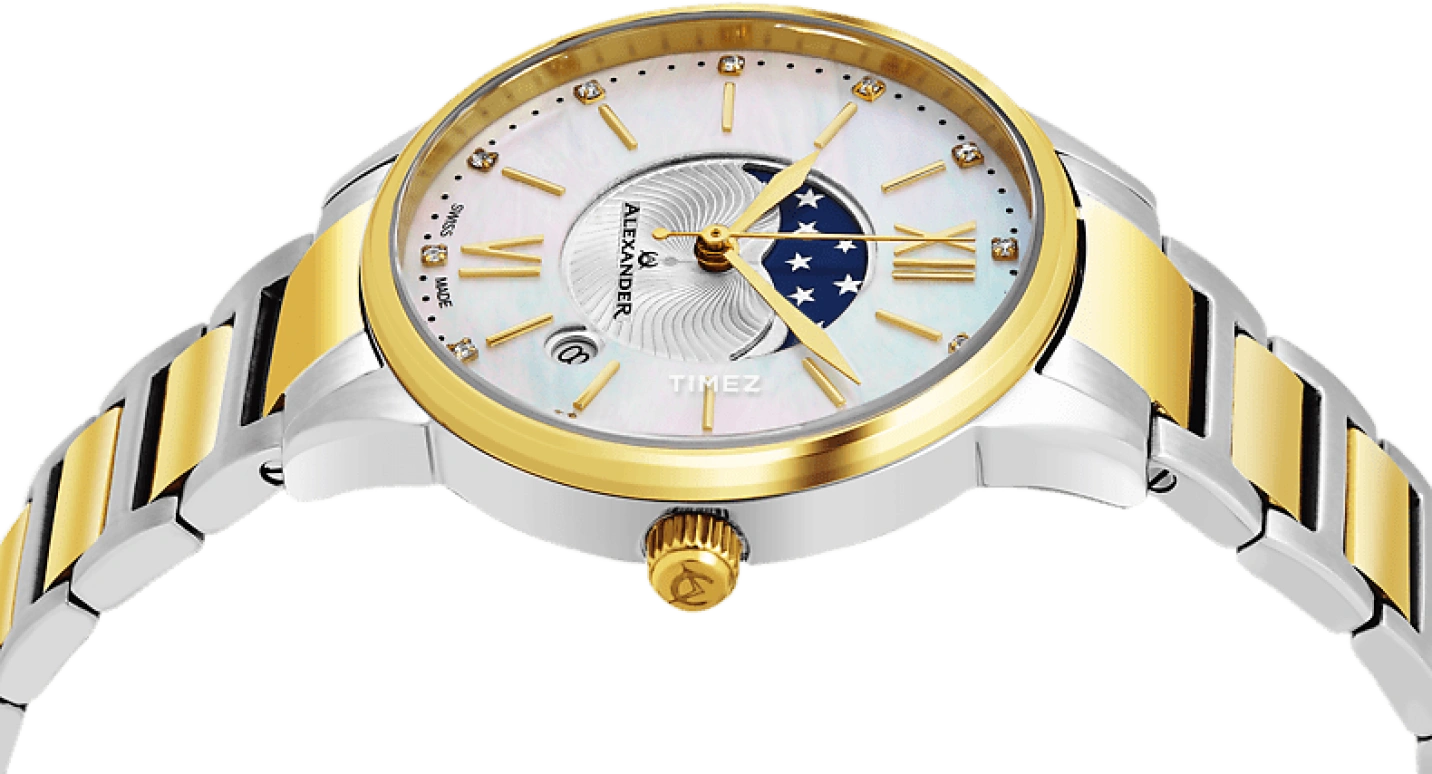 Alexander,WOMEN'S WATCHES 35mm,35mm,Stainless Steel,Silver,Quartz,Moonphase,Day,AD204B,AD204B-04