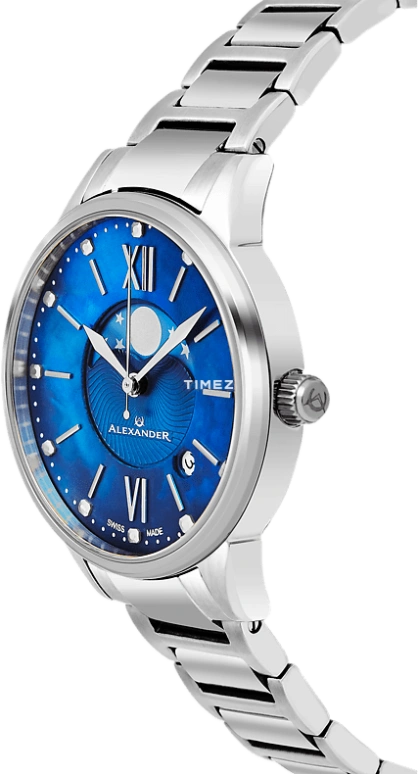 Alexander,WOMEN'S WATCHES 35mm,35mm,Stainless Steel,Blue,Quartz,Moonphase,Day,A204B,A204B-02