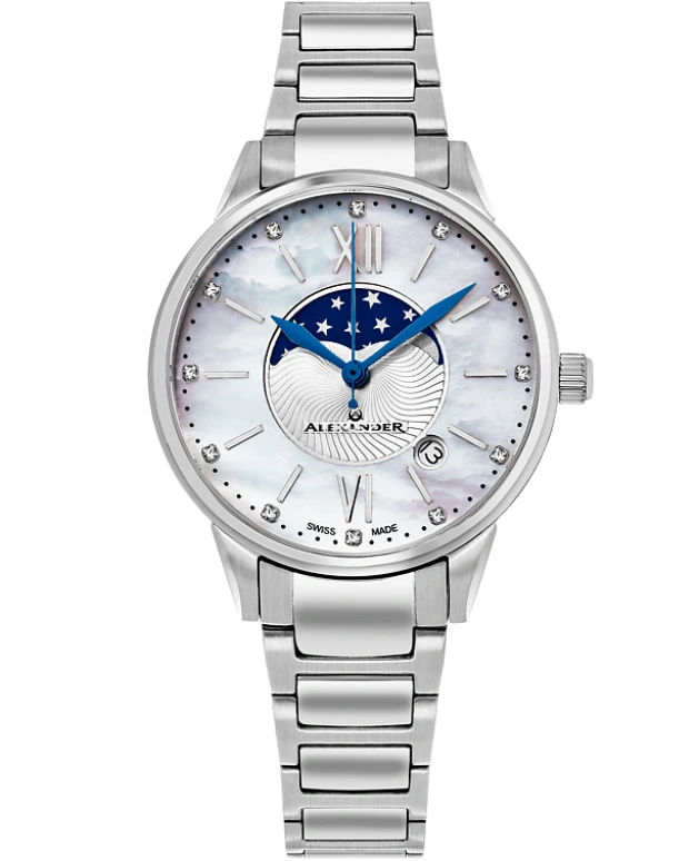 Alexander,WOMEN'S WATCHES 35mm,35mm,Stainless Steel,Silver,Quartz,Moonphase,Day,AD204B,AD204B-01
