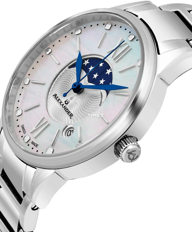 Alexander,WOMEN'S WATCHES 35mm,35mm,Stainless Steel,Silver,Quartz,Moonphase,Day,A204B,A204B-01
