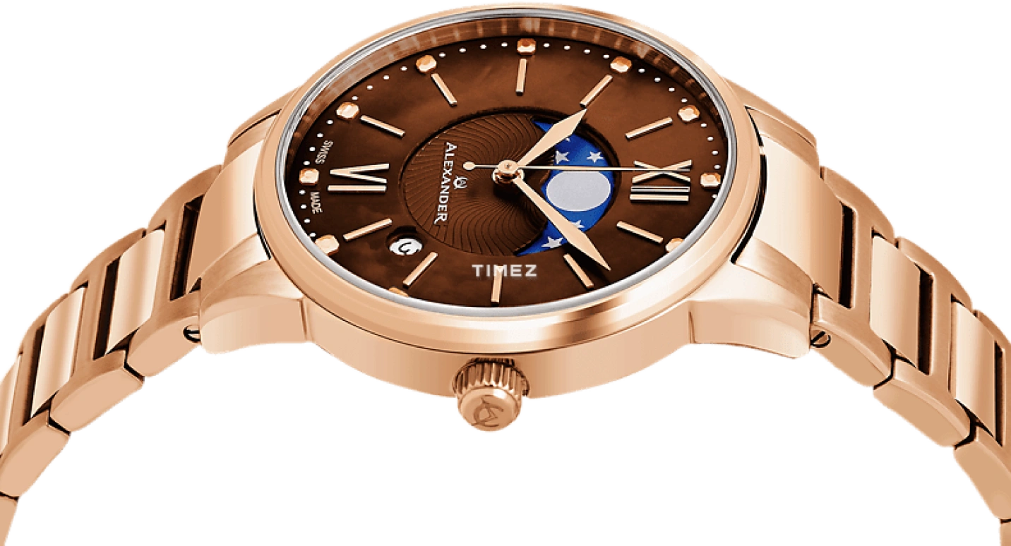 Alexander,WOMEN'S WATCHES 35mm,35mm,Stainless Steel,Brown,Quartz,Moonphase,Day,A204B,A204B-06