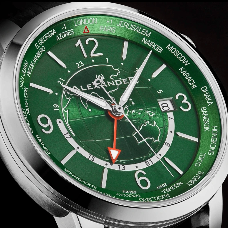 Alexander,MEN'S WATCHES 42mm,42mm,Stainless Steel,Green,Quartz,Day,World Time,A171B,A171B-04