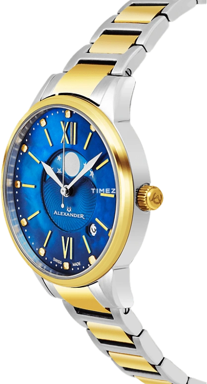 Alexander,WOMEN'S WATCHES 35mm,35mm,Stainless Steel,Blue,Quartz,Moonphase,Day,A204B,A204B-03