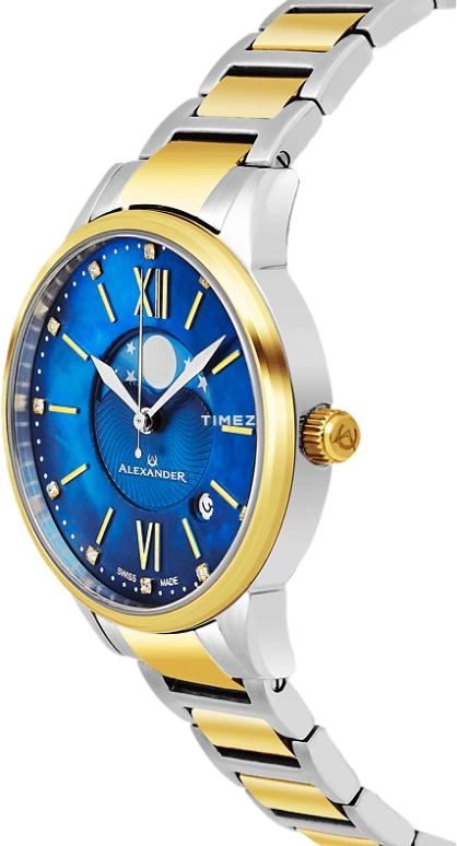 Alexander,WOMEN'S WATCHES 35mm,35mm,Stainless Steel,Blue,Quartz,Moonphase,Day,AD204B,AD204B-03