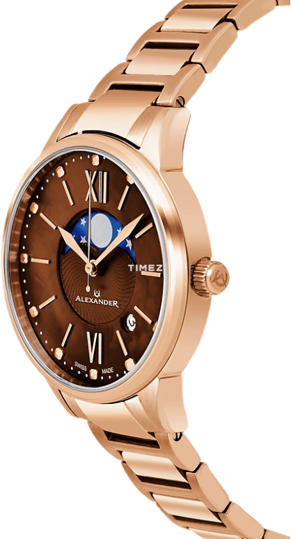 Alexander,WOMEN'S WATCHES 35mm,35mm,Stainless Steel,Brown,Quartz,Moonphase,Day,A204B,A204B-06