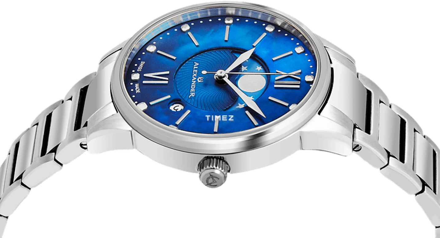 Alexander,WOMEN'S WATCHES 35mm,35mm,Stainless Steel,Blue,Quartz,Moonphase,Day,A204B,A204B-02