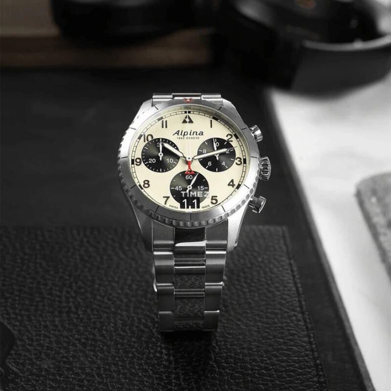 Alpina,STARTIMER 41mm,41mm,Stainless Steel,Cream,Black,Quartz,Chronograph,Day,AL,AL-372WB4S26B