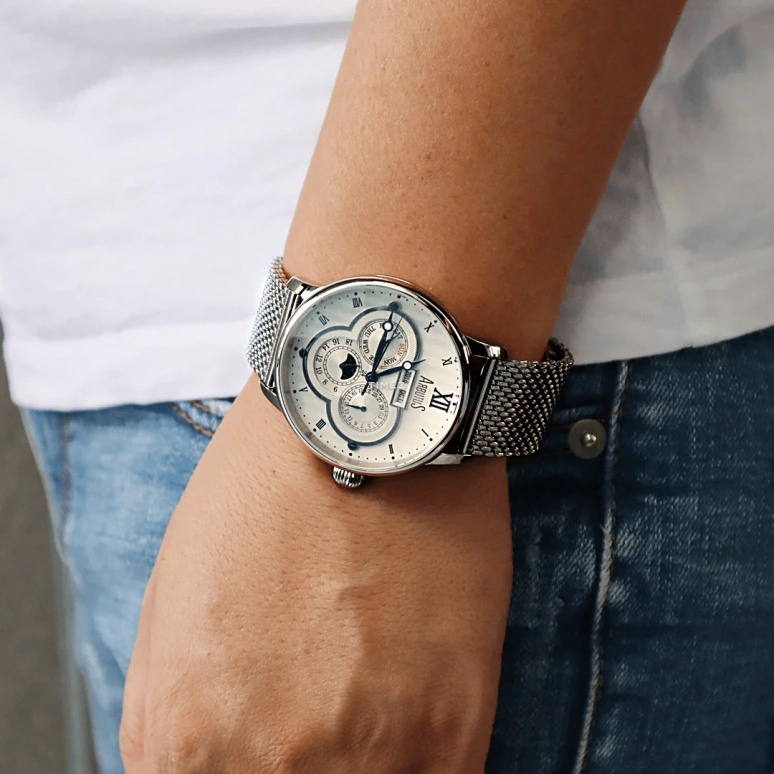 Arbutus,Chester 43.50mm,43.50mm,Stainless Steel,White,Automatic,Moonphase,Month,Date,Day,Sapphire,Crystal Glass,Round,AR905SWS