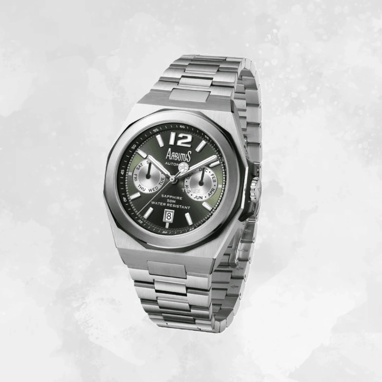 Arbutus,Rotor 41mm,41mm,Stainless Steel,Green,Automatic,Month,Date,Day,AR2402SGS