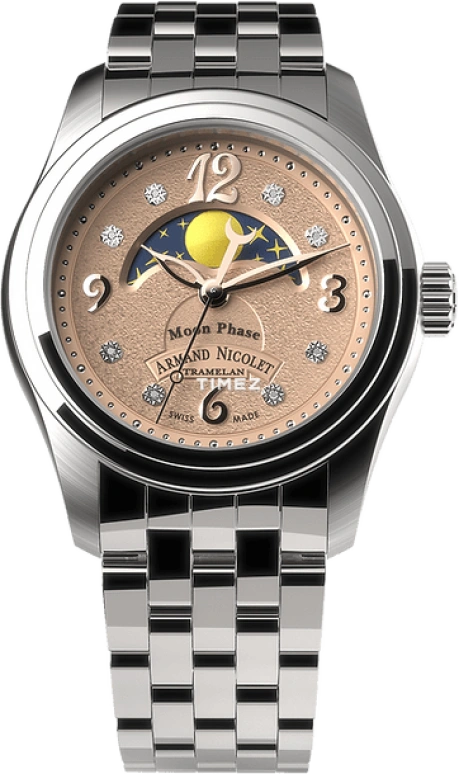 Armand Nicolet,M03 34mm,34mm,Stainless Steel,Salmon,Quartz,Moonphase,Sapphire,Crystal Glass,A151KAA,A151KAA-SP-MA150
