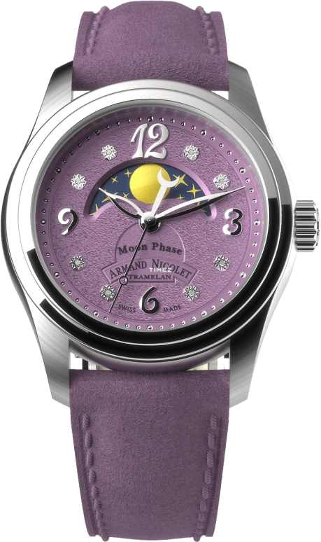 Armand Nicolet,M03 34mm,34mm,Stainless Steel,Purple,Quartz,Moonphase,Sapphire,Crystal Glass,A151KAA,A151KAA-VL-BP0886VL
